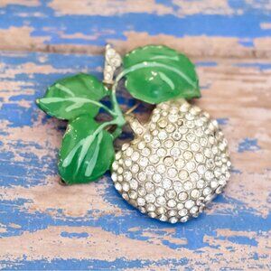 Vintage Rhinestones Apple Green Leaves Gold Tone Brooch - L32